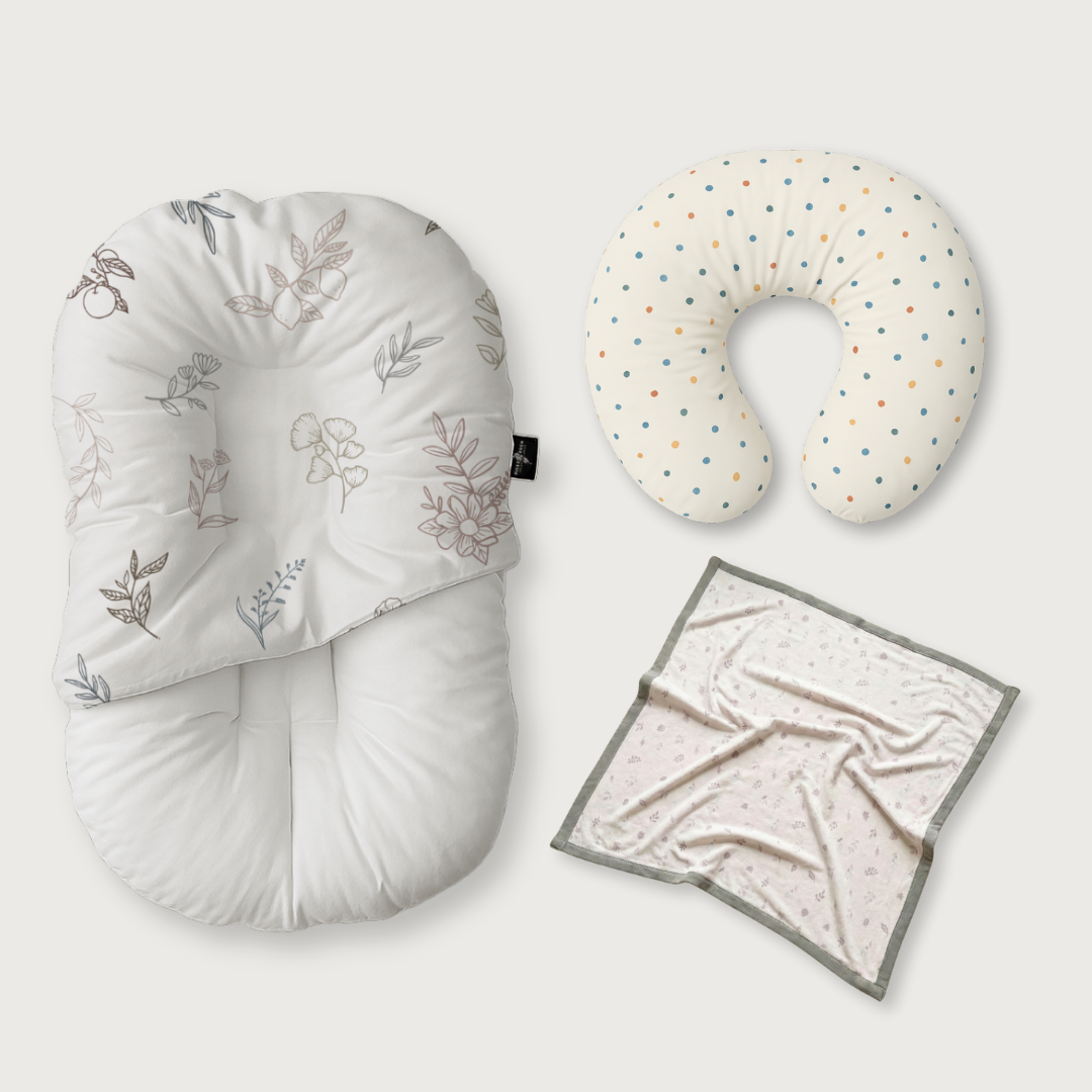 (Trio Bundle) Duck-Down Infant Lounger + Crescent Pillow + Bamboo Blanket