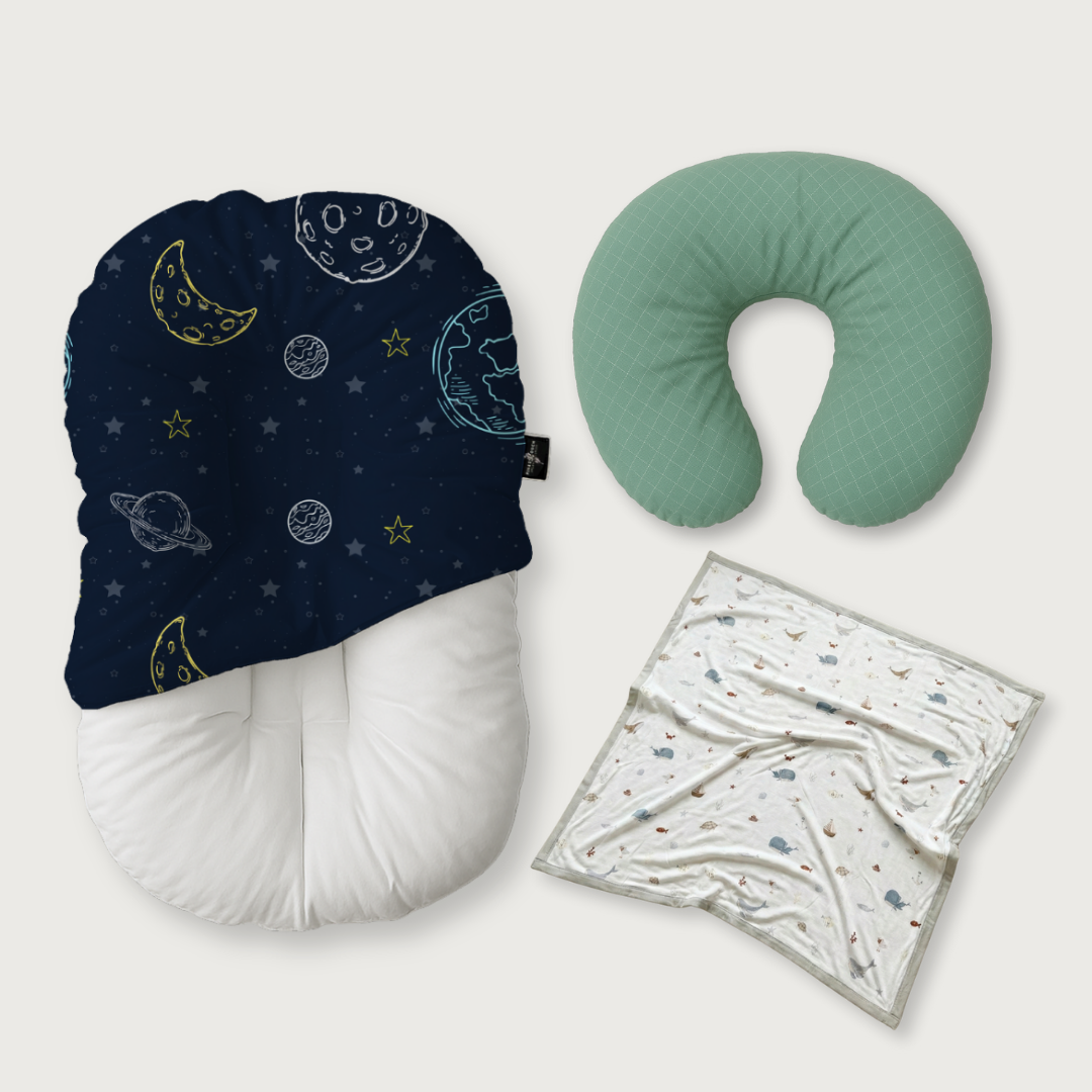 (Trio Bundle) Duck-Down Infant Lounger + Crescent Pillow + Bamboo Blanket