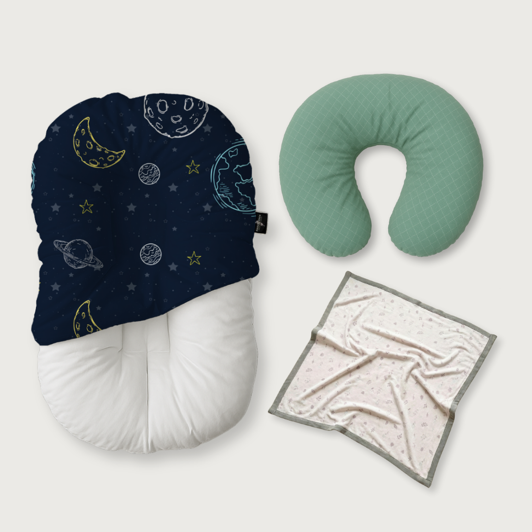 (Trio Bundle) Duck-Down Infant Lounger + Crescent Pillow + Bamboo Blanket