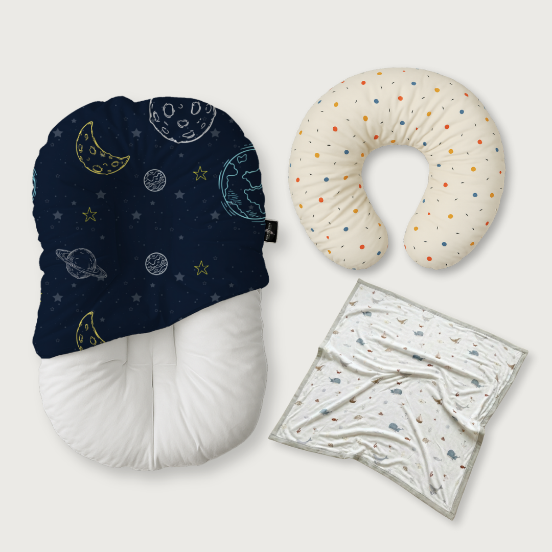 (Trio Bundle) Duck-Down Infant Lounger + Crescent Pillow + Bamboo Blanket