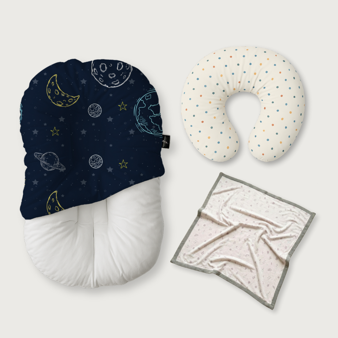 (Trio Bundle) Duck-Down Infant Lounger + Crescent Pillow + Bamboo Blanket