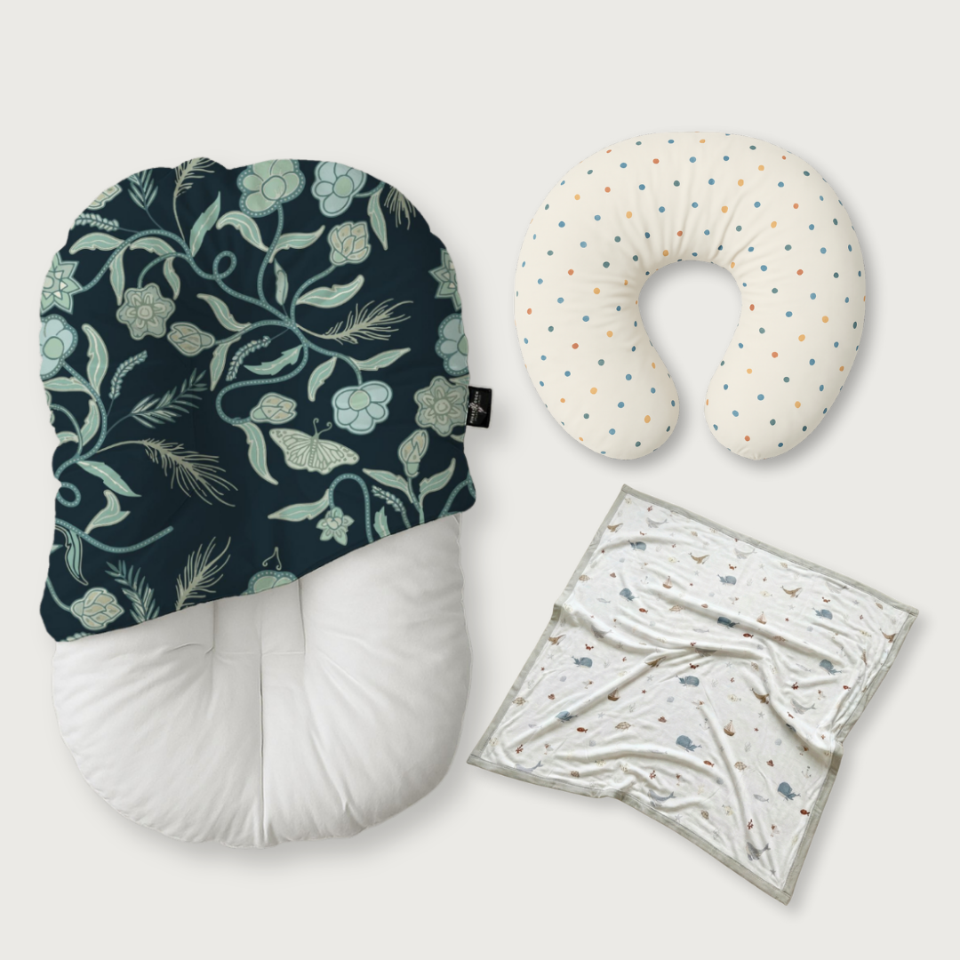 (Trio Bundle) Duck-Down Infant Lounger + Crescent Pillow + Bamboo Blanket