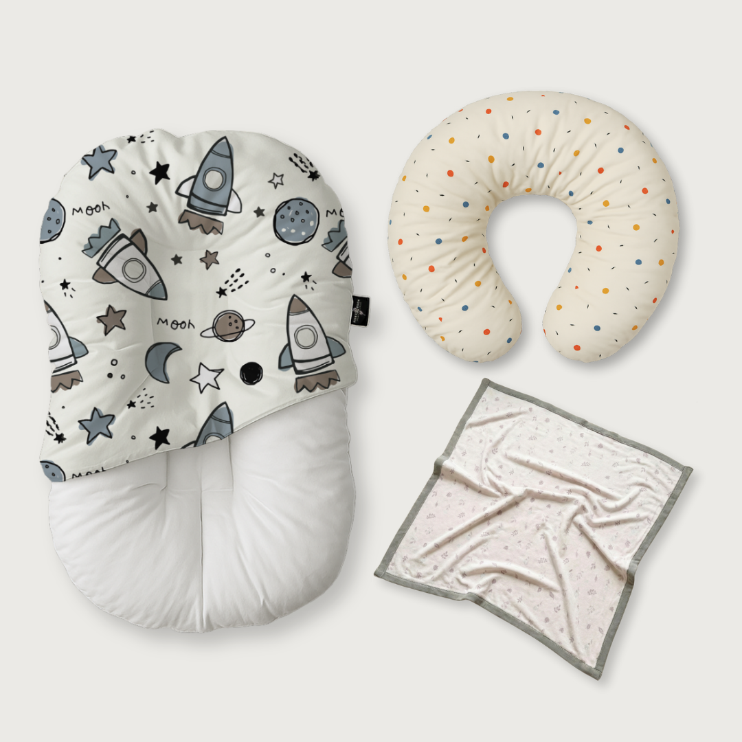 (Trio Bundle) Duck-Down Infant Lounger + Crescent Pillow + Bamboo Blanket
