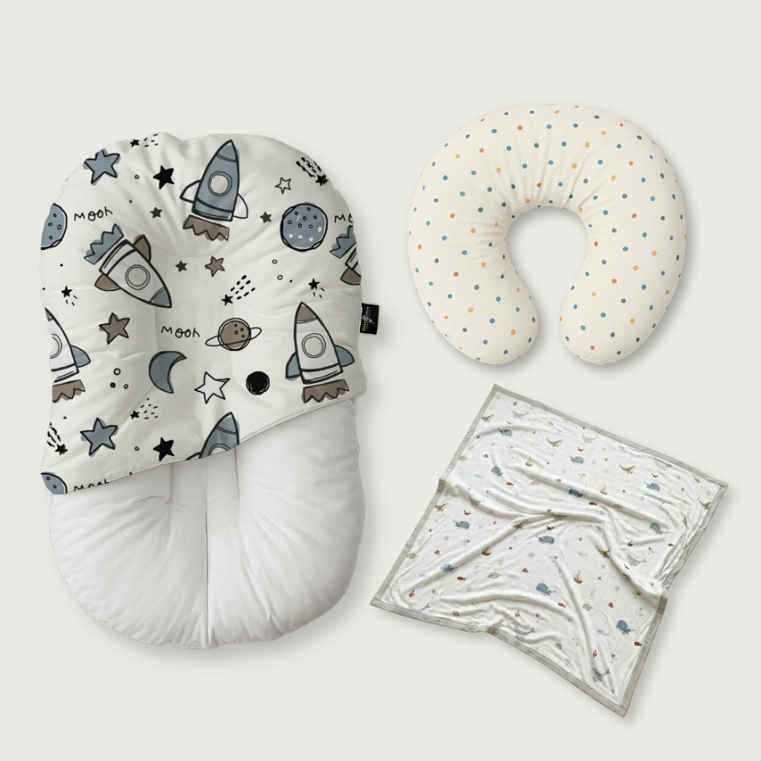(Trio Bundle) Duck-Down Infant Lounger + Crescent Pillow + Bamboo Blanket