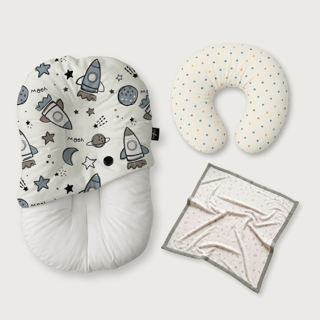 (Trio Bundle) Duck-Down Infant Lounger + Crescent Pillow + Bamboo Blanket