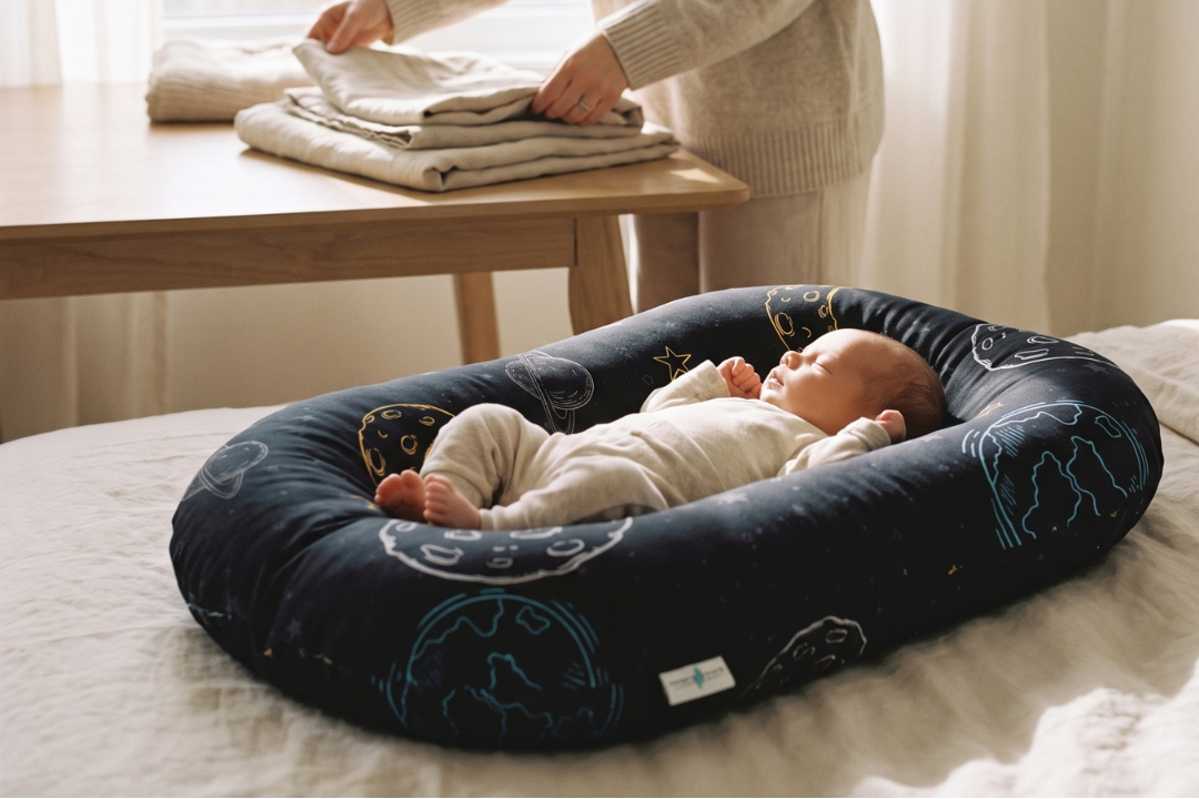 A baby in a navy patterned infant lounger with a parent folding linen nearby