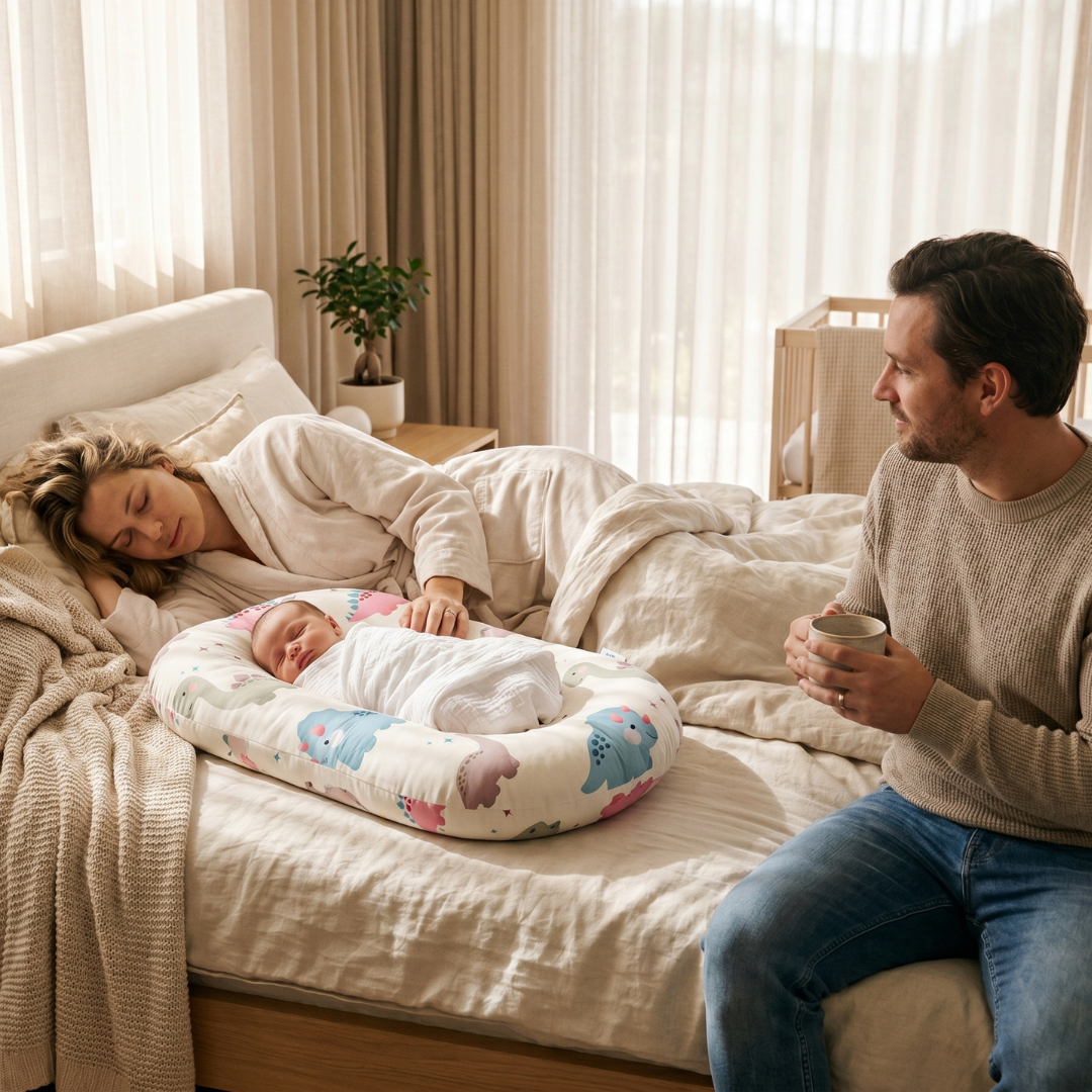 A family together with their baby in a patterned Finest Touch lounger