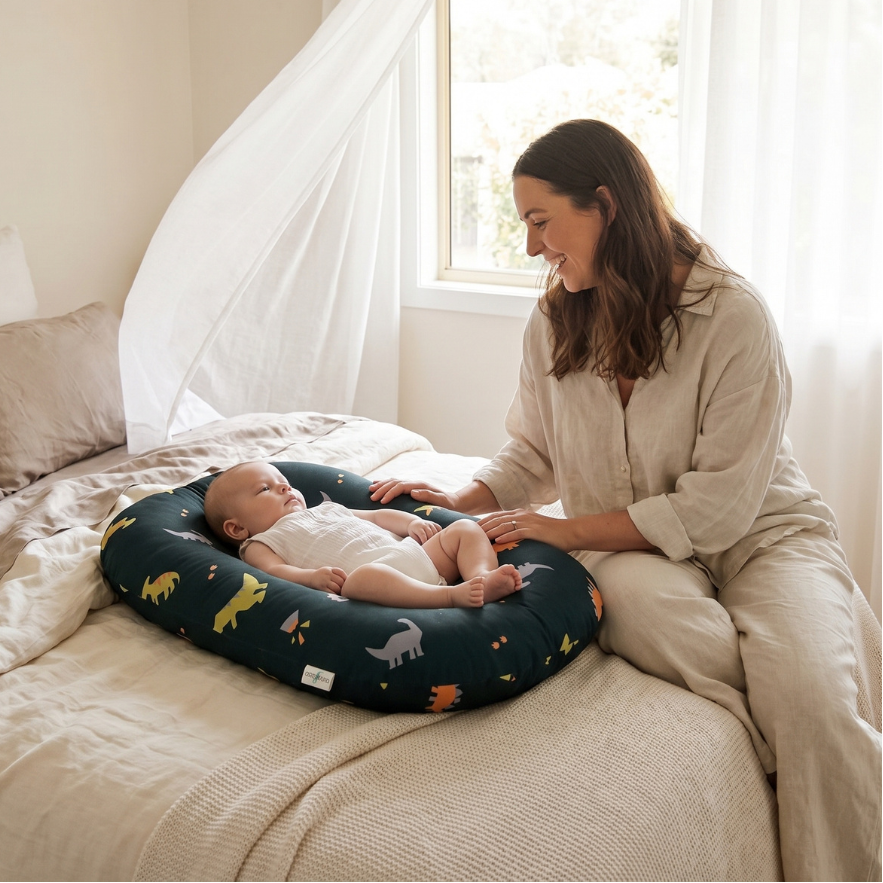 Mother spending time beside her baby in a dark patterned infant lounger