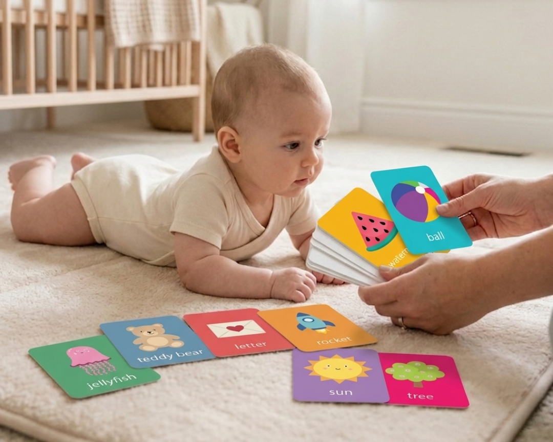 A baby lies on a cream carpet in a bright nursery, looking at colorful educational cards held by an adult. More matching cards are spread out on the floor, including illustrations of a jellyfish, teddy bear, YouTube logo, rocket, sun, and tree.