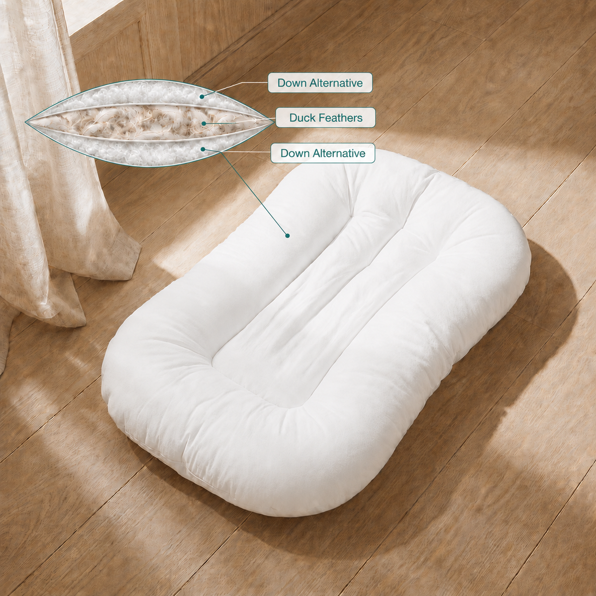 Finest Touch Duck-Down Infant Lounger with labeled three-chamber filling detail
