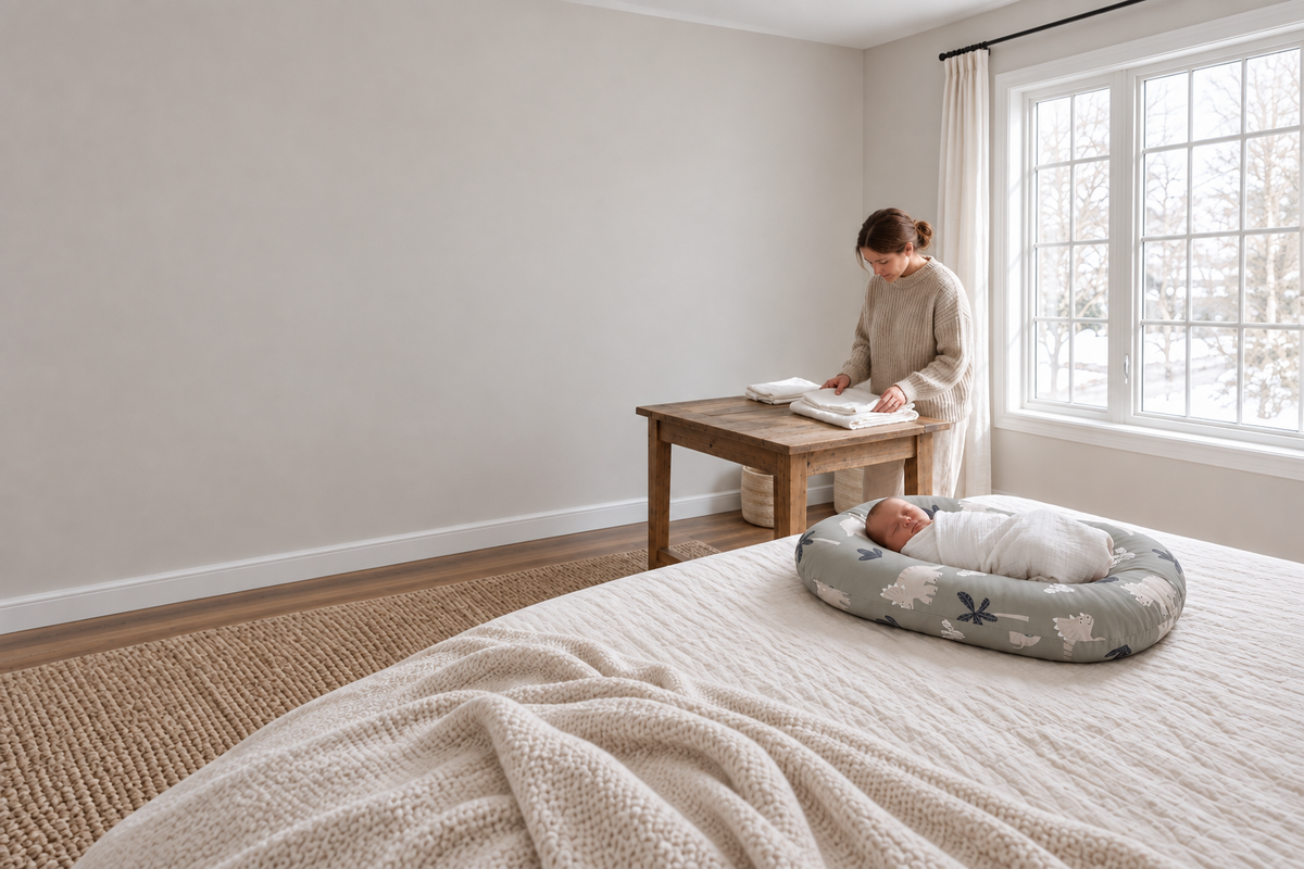 A baby in a grey dinosaur-print Finest Touch lounger beside a parent folding clothes