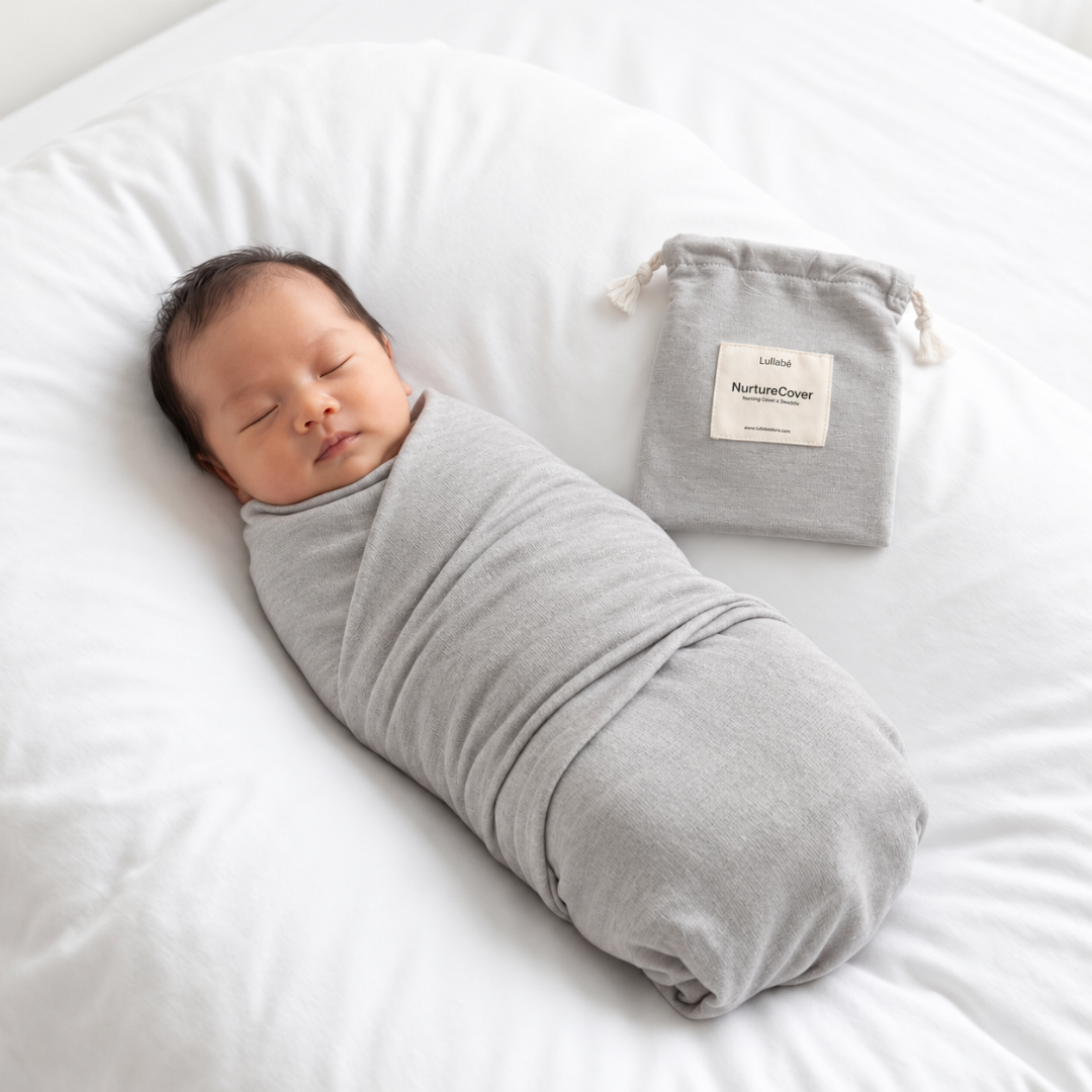Baby wrapped in the Pebble Nurture Cover